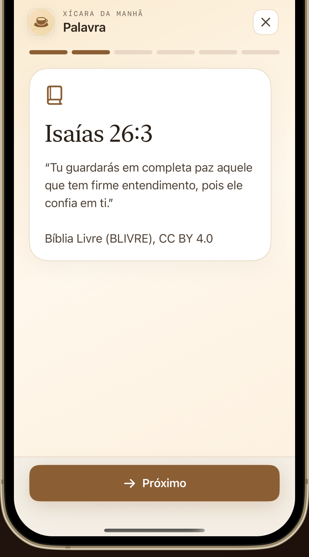 Tela Palavra do MannaCup com Isaías 26:3 e o botão Próximo